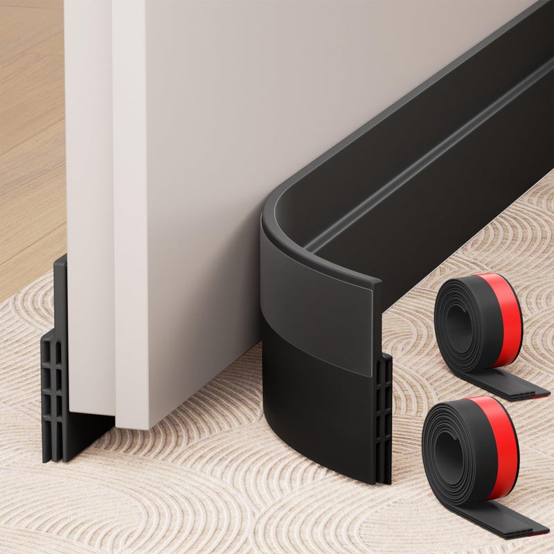 Hojoy 2 Pack Under Door Draft Stopper  Adjustable Door Sweep Anti-Collision Strong Adhesive Weather Stripping Tape Soundproof Draught Stoppers 2"" W x 39"" L  Black - Image 1